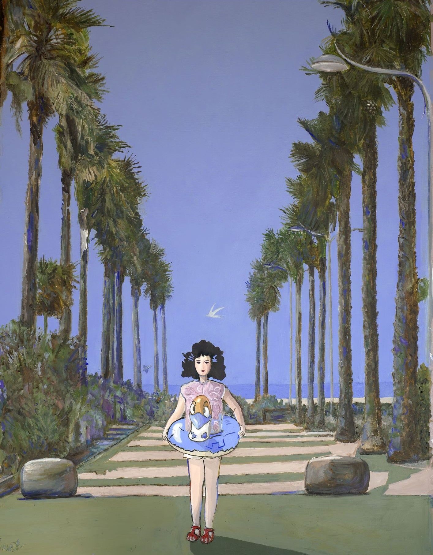peinture de l'artiste Corraze. une jeune fille avec une bouée devant l'entrée de la plage