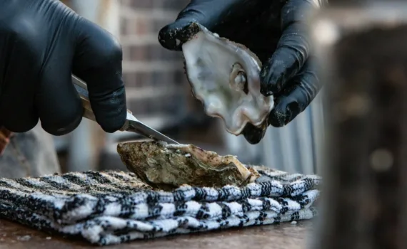 papilles en fête une personne qui ouvre une huître avec des gants noirs en latex. l'huître est posé sur une serviette à carreau bleu et blanc